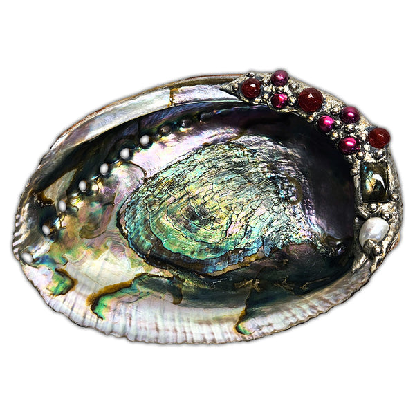 abalone shell with rubies and labradorite top view