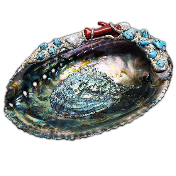 abalone shell jewelry bowl with turquoise 