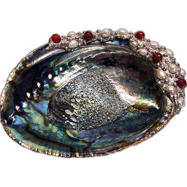 rubies and white pearl abalone shell bowl top view