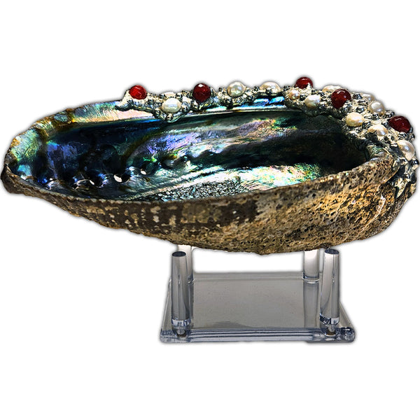 rubies and white pearl abalone shell bowl side view