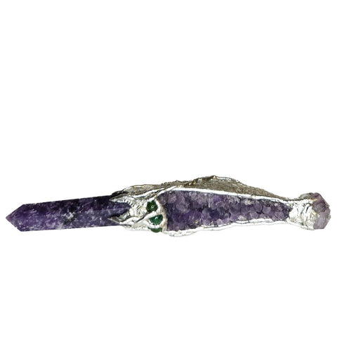 A lovely lepidolite polished point is set with an amethyst druse cluster, amethyst cabochon, a small amethyst twin point, small amethyst ball and three small emerald faceted beads. Front view