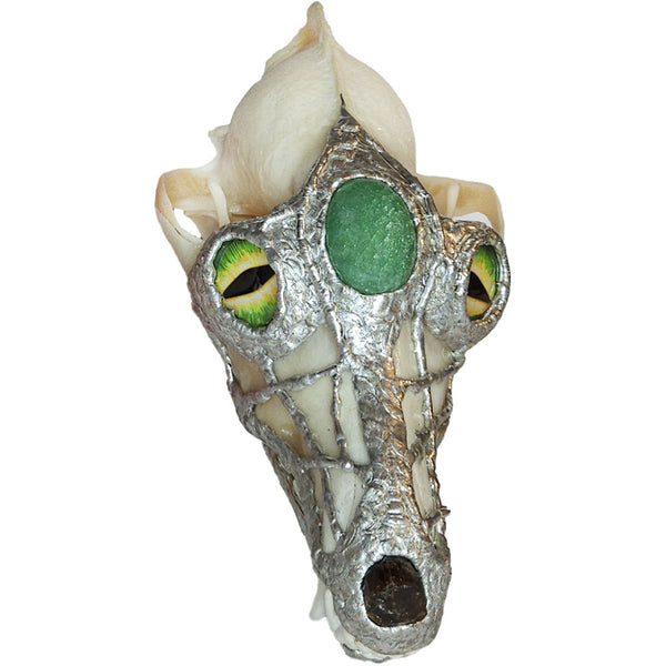 Deanna the baby dragon with emearld cabochon and garnet nose. Green glass eyes. Front view.
