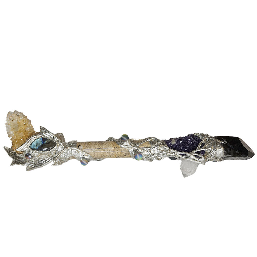 Spirit quartz cluster and a smoky quartz wand. Amethyst, labradorite, pearls and mermaid tears front view