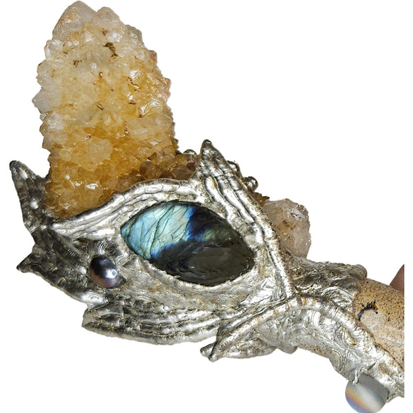 Spirit quartz cluster and a smoky quartz wand. Amethyst, labradorite, pearls and mermaid tears close