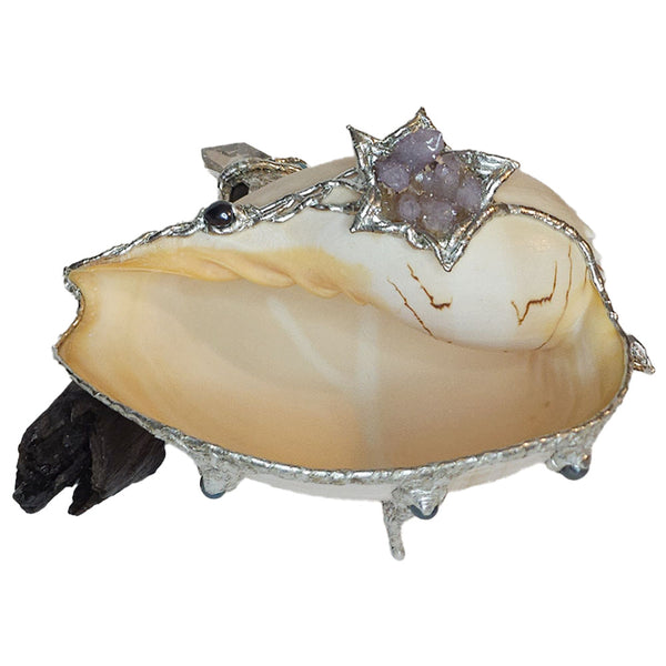 Melon shell on driftwood with amethyst. black pearls and turquoise. top view.