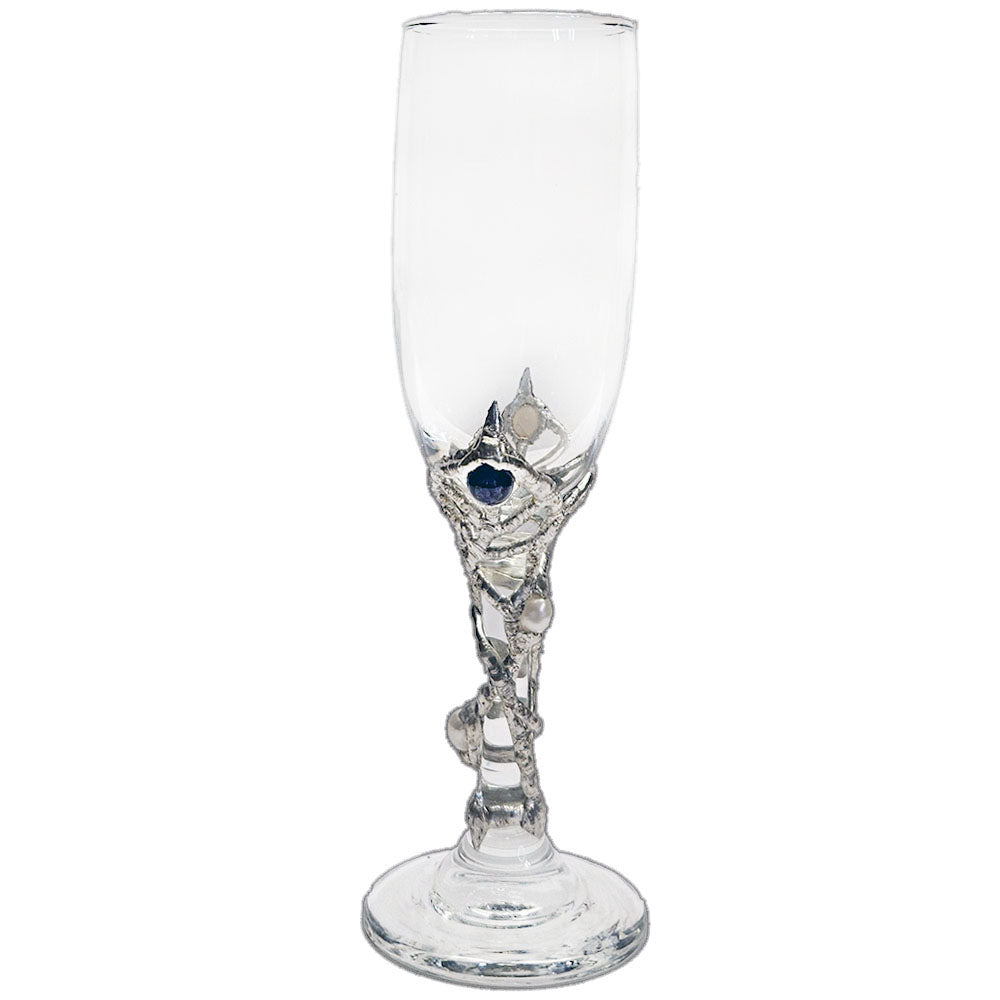 Raise a magical toast with a champagne glass adorned with violet amethyst and three moonlit pearls