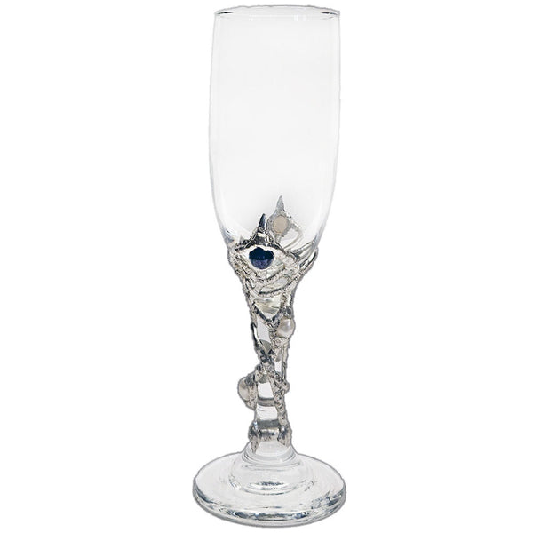 Raise a magical toast with a champagne glass adorned with violet amethyst and three moonlit pearls