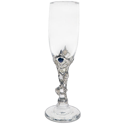 Raise a magical toast with a champagne glass adorned with violet amethyst and three moonlit pearls