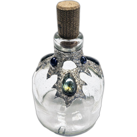 Repurposed bottle decanter adorned with three shimmering labradorite cabochons and three mysterious black pearls—an ocean’s enchantment captured in glass side 3