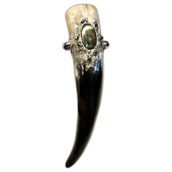 large steer drinking horn with labradorite and iridescent rainbow faceted crystal beads front view