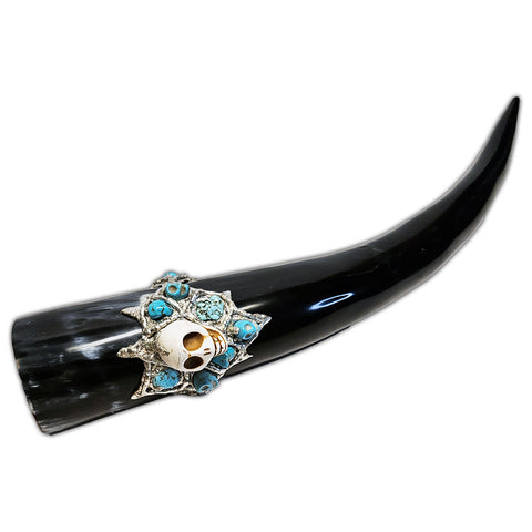 pirate drinking horn with turquoise skulls front view