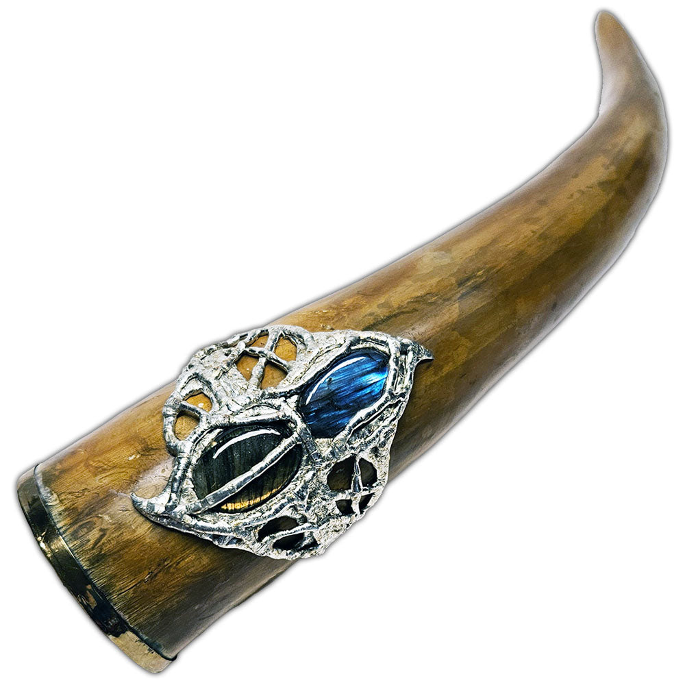 decorative drinking horn with labradorite cabochons front view