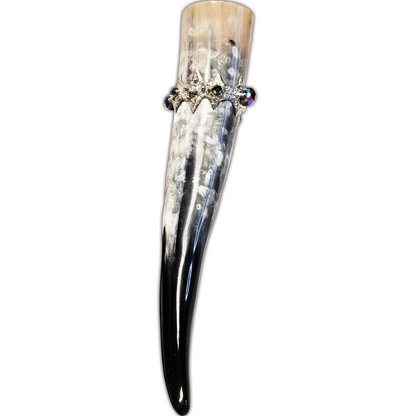 large steer drinking horn with labradorite and iridescent rainbow faceted crystal beads back view