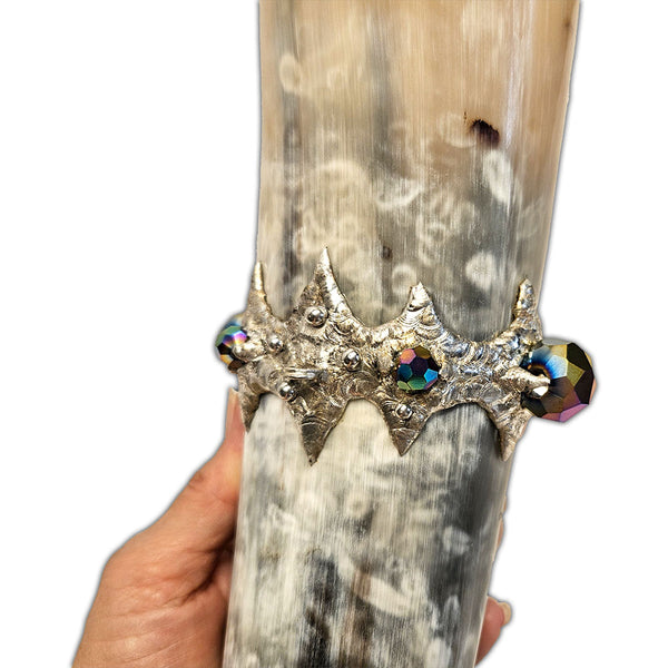 large steer drinking horn with labradorite and iridescent rainbow faceted crystal beads back close up view