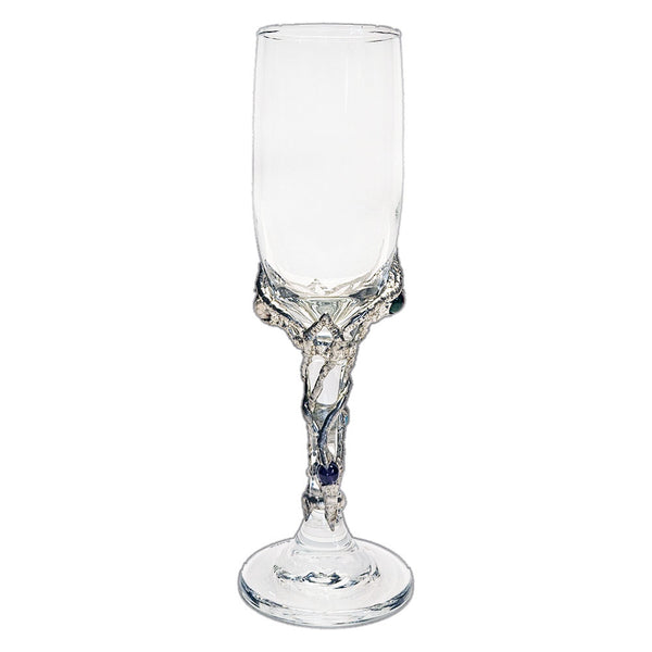 Raise a toast with elegance—champagne glass adorned with ruby-zoisite, moonstone, amethyst, and turquoise spheres, blending artistry and luxury side view 2
