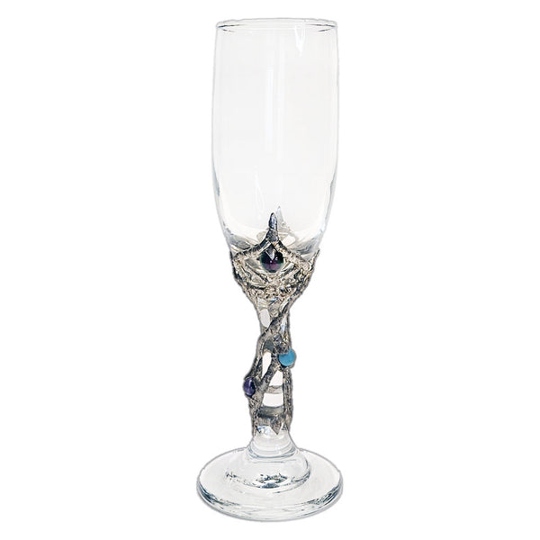Raise a toast with elegance—champagne glass adorned with ruby-zoisite, moonstone, amethyst, and turquoise spheres, blending artistry and luxury