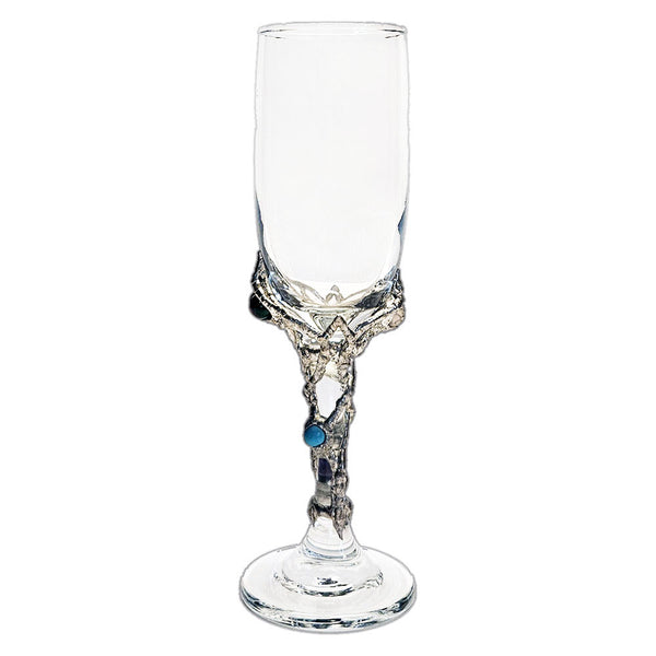 Raise a toast with elegance—champagne glass adorned with ruby-zoisite, moonstone, amethyst, and turquoise spheres, blending artistry and luxury side view