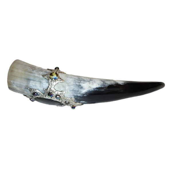 Drinking horn with a large labradorite cabochon, five black pearls, seven iridized rainbow beads. side view