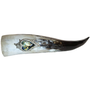 A heart shape is adorning this large drinking horn that has a labradorite cabochon set at center. Front view