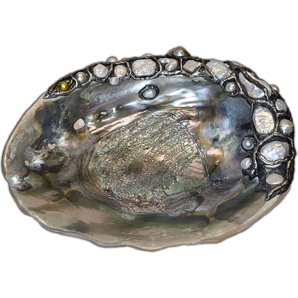 large_rare_pink_abalone_shell_with_23_multi-shaped_white_pearls