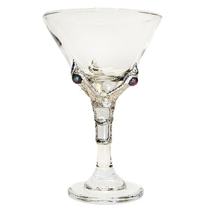 A dragon claw designs grips this 9 oz martini glass with three cherry quartz balls. Specialty drinks only for this magical glass.