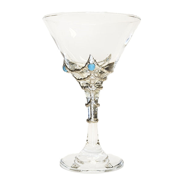 Three turquoise balls are weaved into a spider's web onto this 9 oz martini glass. One of Daniella's favorite designs. front view