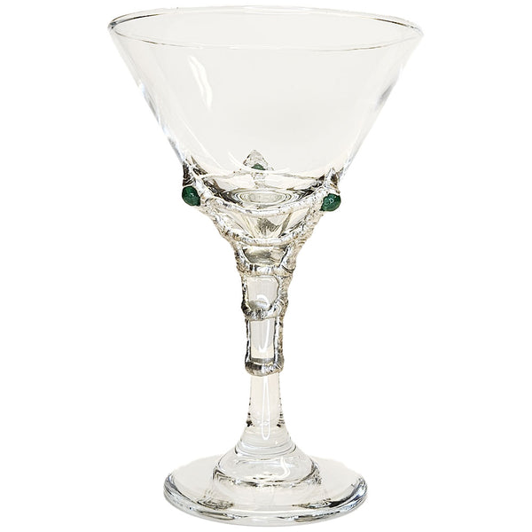 Three emerald faceted balls are weaved into a spider's web onto this 9 oz martini glass. Weaved without spider. view 1
