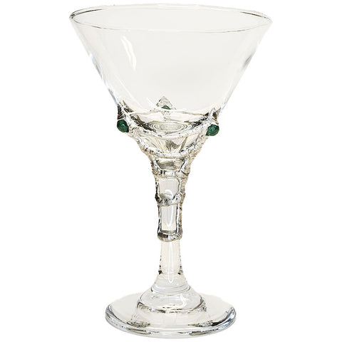 Three emerald faceted balls are weaved into a spider's web onto this 9 oz martini glass. Weaved without spider. view 1