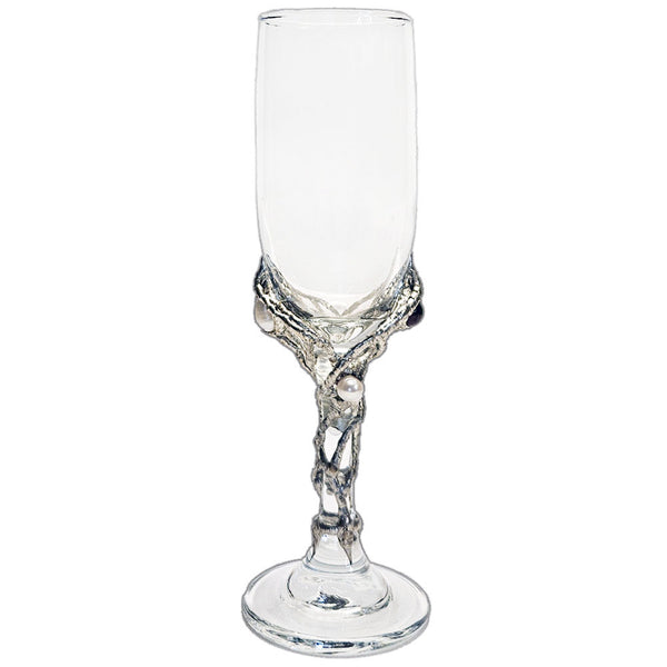 Champagne glass adorned with ruby‑zoisite and white pearls in a graceful spiral—crafted for timeless elegance for special occasions that deserve a festive toast side view