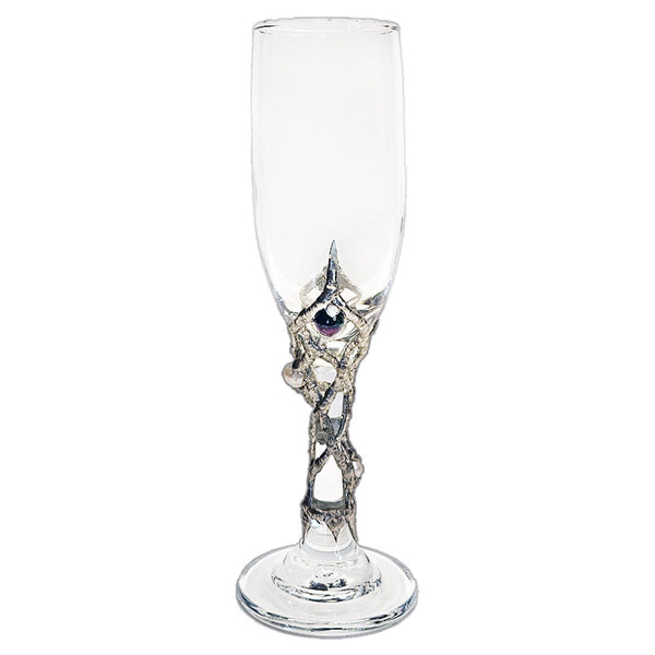 Champagne glass adorned with ruby‑zoisite and white pearls in a graceful spiral—crafted for timeless elegance for special occasions that deserve a festive toast