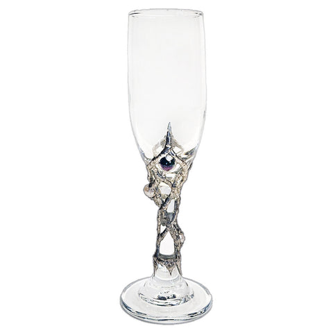 Champagne glass adorned with ruby‑zoisite and white pearls in a graceful spiral—crafted for timeless elegance for special occasions that deserve a festive toast