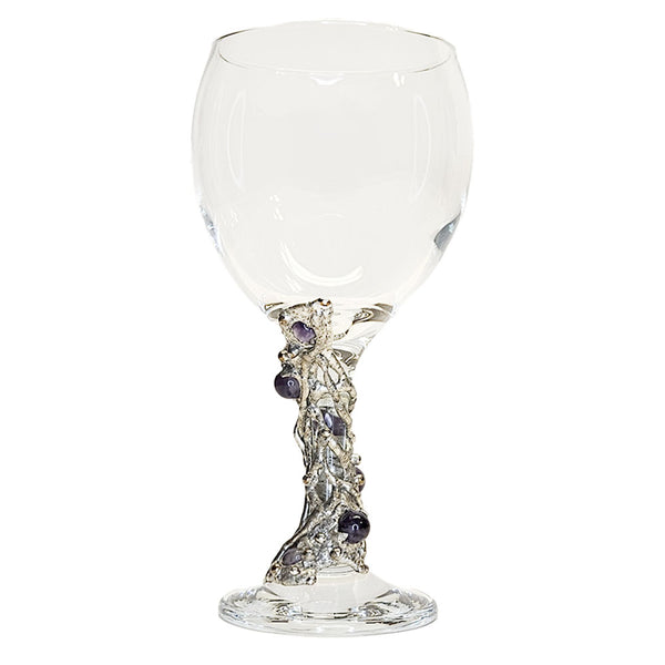 A beautiful spiral of five amethyst balls are set on this 12.5 oz red wine glass. For when you want just a bit of wine.