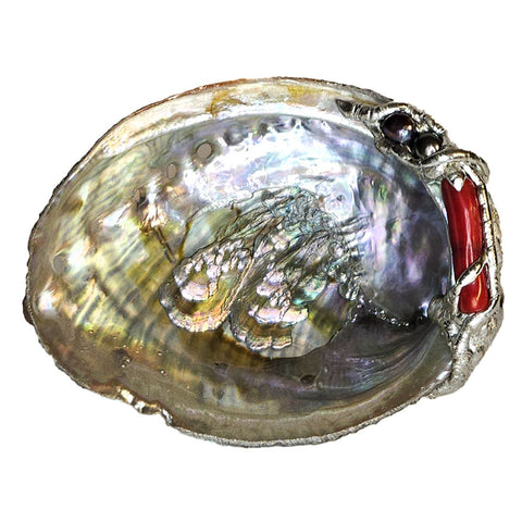 Two beautiful black pearls are set with a red branch coral to bedazzle this small green abalone shell bowl. For jewelry, treasures of all kinds.