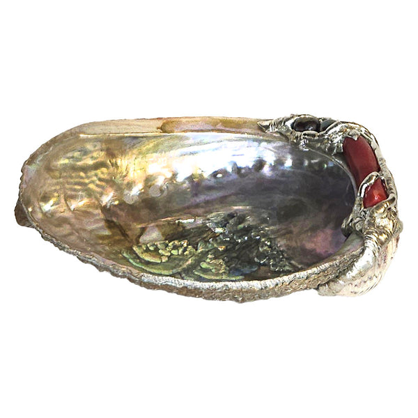 Two beautiful black pearls are set with a red branch coral to bedazzle this small green abalone shell bowl. For jewelry, treasures of all kinds.