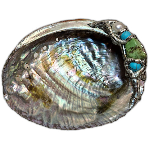 small turquoise encrusted abalone shell jewelry bowl top view