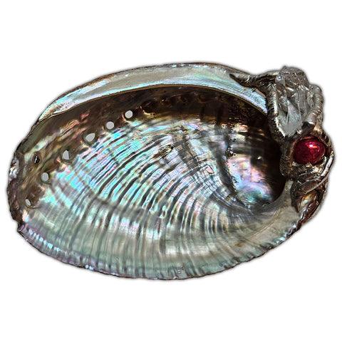 Beautiful abalone shell jewelry bowl with quartz and cherry quartz ball top view