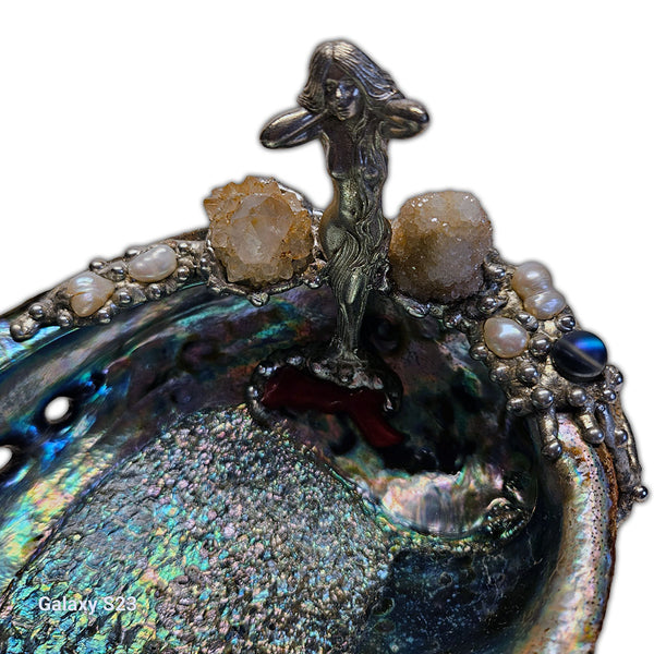 Goddess abalone shell jewelry bowl close up