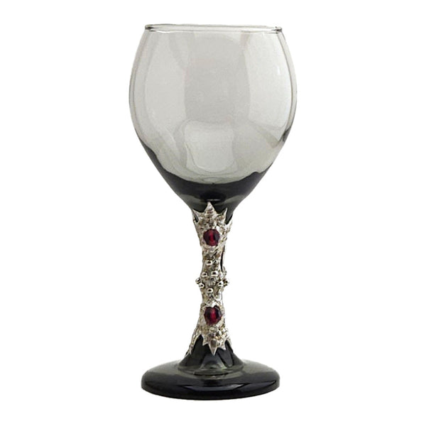 Red fire polished faceted glass beads are set on the base of this 13.5 oz smoky red wine glass.  A unique large white coin pearl is set at the front bottom. Back view