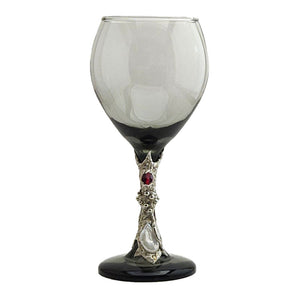 Red fire polished faceted glass beads are set on the base of this 13.5 oz smoky red wine glass.  A unique large white coin pearl is set at the front bottom. Front view