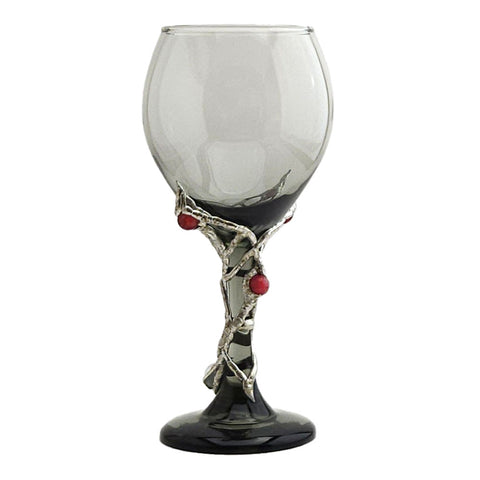 Cherry quartz balls and a mermaid tear ball are designed into a leaf design on a 13.5 oz smoky red wine glass. front view