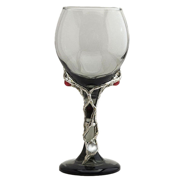 Cherry quartz balls and a mermaid tear ball are designed into a leaf design on a 13.5 oz smoky red wine glass. back view