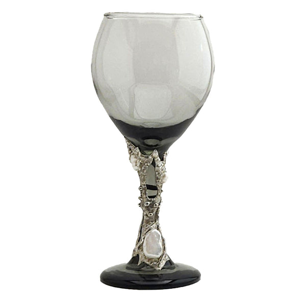 A smoky 13.5 oz red wine glass is embellished with an exquisite design wrapped around the base of this glass. A large white coin pearl and three multi-shaped white pearls to complete the design. Front view