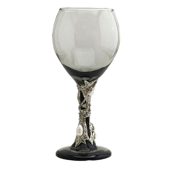 A smoky 13.5 oz red wine glass is embellished with an exquisite design wrapped around the base of this glass. A large white coin pearl and three multi-shaped white pearls to complete the design. Back view