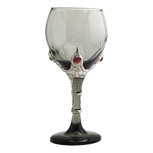 Smoky 13.5 oz red wine glass is gripped by our popular dragon's claw design with 3 cherry quartz balls at the top of each clawed finger. front view
