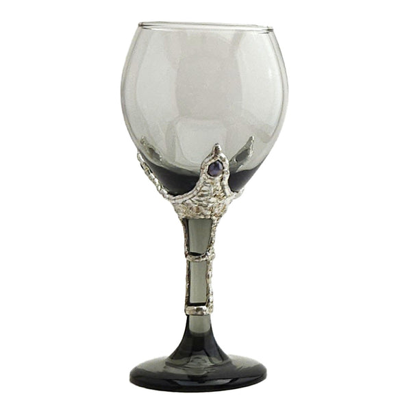 Smoky 13.5 oz red wine glass is gripped by our popular dragon's claw design with 3 black pearls at the top of each clawed finger. Front view