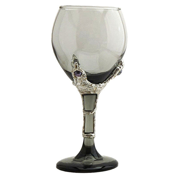 Smoky 13.5 oz red wine glass is gripped by our popular dragon's claw design with 3 black pearls at the top of each clawed finger. Alt view