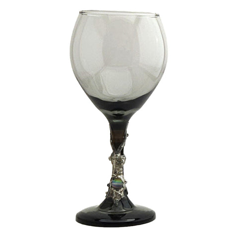 Smoky 13.5 oz red wine glass with white coin pearl, double white pearl and a mermaid tear. Stands 7.75" front view