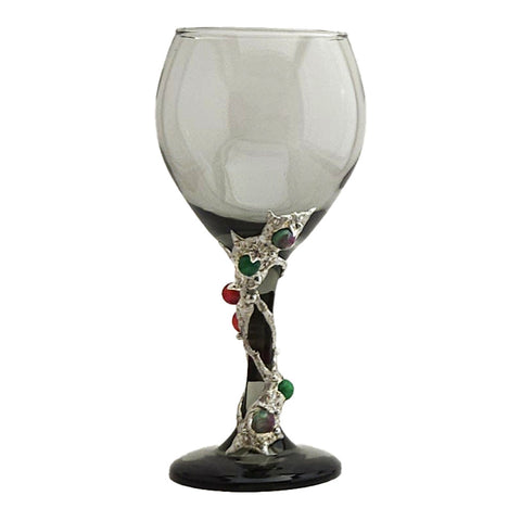 A spiral of three ruby crystal balls, two emerald balls and two ruby- zoisite balls all wrapping around a 13.5 oz smoky red wine glass. Very delicate and delightful to drink a favorite wine. View 1