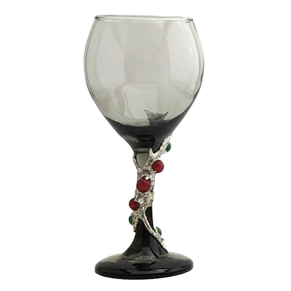 A spiral of three ruby crystal balls, two emerald balls and two ruby- zoisite balls all wrapping around a 13.5 oz smoky red wine glass. Very delicate and delightful to drink a favorite wine. View 2
