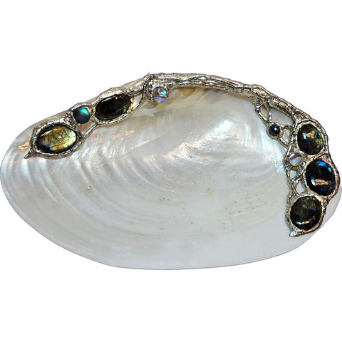 River clam shell jewelry dish with labradorite top view